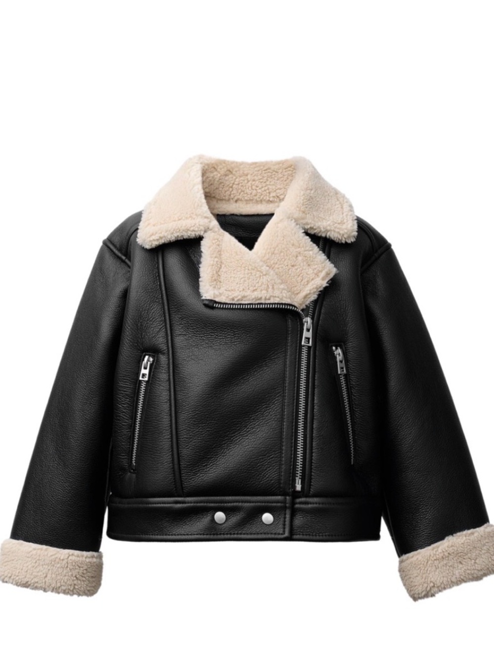 Zara Black Puffer-Style Faux Leather Jacket with Cream Sherpa